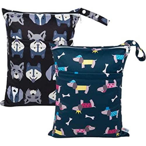 ALVABABY 2pcs Cloth Diaper Wet Dry Bags Waterproof Reusable with Two Zippered Pockets Travel Beach Pool Daycare Soiled Baby Items Yoga Gym Bag for Swimsuits or Wet Clothes L93107