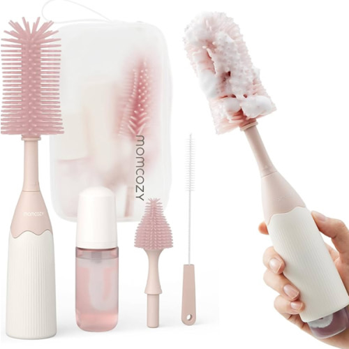 Momcozy Bottle Brush Kit, Innovative Push-Press Design for Better Cleaning - Baby Bottle Cleaner Brush for Baby Bottle, Breast Pumps, Nipples, and More - Can Generate Foam for Better Cleaning, Pink