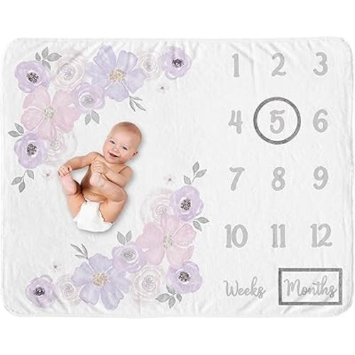 Sweet Jojo Designs Watercolor Floral Girl Milestone Blanket Monthly Newborn First Year Growth Mat Baby Shower Memory Keepsake Gift Picture - Lavender Purple, Pink and Grey Boho Shabby Chic Rose Flower