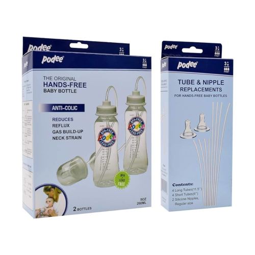 Hands-Free Baby Bottle - Self Feeding System 9 oz (2 Pack - Podee Classic) + Tube and Nipple Replacement Kit