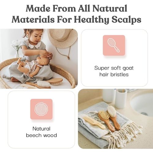 4 Piece Wooden Baby Hair Brush and Comb Set for Newborns & Toddlers in Chic Gift Box - Ultra Soft Natural Goat Hair and Wood Baby Brush Set Prevents Cradle Cap - Perfect Registry Gift (Pink)