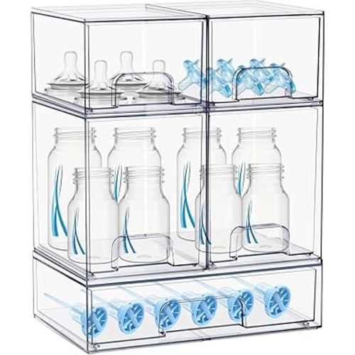 Baby Bottle Organizer, 5 Pack Stackable Storage Dust-proof Drawers, Clear Plastic Station Organizer Container for Pacifier, Diaper, Bottle Organizers, Vanity, Bathroom, Cabinet, Organization