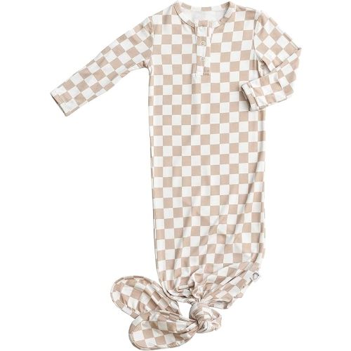 Checkered Knotted Gown Baby Newborn, Viscose derived from Bamboo, Infant Sleeper with Mittens, Baby Girl, Baby Boy