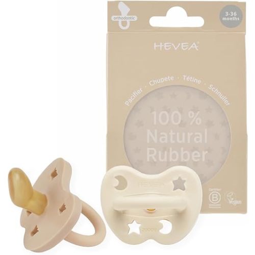 HEVEA Natural Rubber Pacifier Orthodontic 3-36 Months Two-Pack - Milky White & Sand