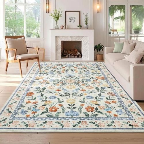 Washable living room rug, with floral decoration and non-slip backing, stain-resistant, for dining room, bedroom, children's room