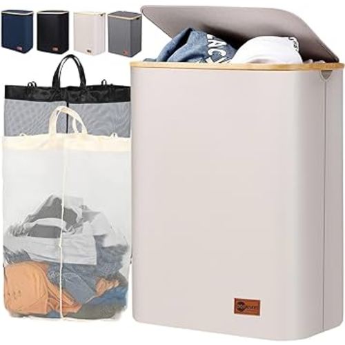 DOFASAYI Laundry Basket - Extra Large Laundry Hamper 2 Section with Removable Bag, Bamboo Handles, Foldable Clothes Hampers for Dirty Laundry Storage, Hamper for Laundry Room, Bedroom,Beige