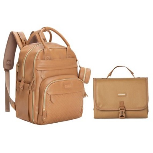 BabbleRoo Diaper Bag Backpack, Spacious & Stylish Vegan Leather Bag & Vegan Leather Changing Pad, Light Brown