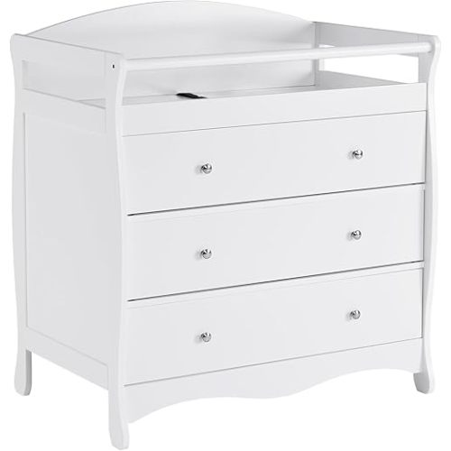 3-Drawer Changing Table, Safety Rails & Strap, Infant Diaper Changing Station with Drawers, Baby Diaper Changing Table Dresser for Nursery, Easy Assembly (White)