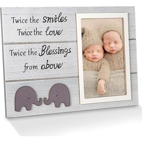 Aether Twins Baby Wood Photo Frame with Cute Elephant Patterns, Unique Twins Baby Shower Gifts for Twins Mom, Twins Baby Picture Frame for New Parents Nana and Grandparents, Nursery 4x6 Photo