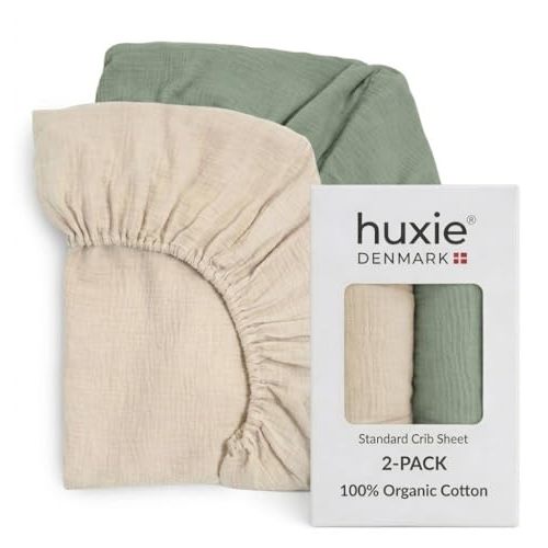 Crib Sheets – Organic Cotton Muslin Fitted Crib Sheet – Standard Size for Baby Boys 28" x 52" Ultra-Soft and Breathable. 2-Pack (Fog/Roman Green)