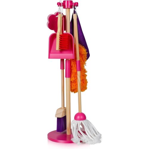 Masthome 8 Pieces Kids Cleaning Set,Wooden Cleaning Toys for Kids Broom Dustpan Mop Brush Duster Rag Sponge and Hanging Stand,Skill Developmental Pretend Play Kit for Toddlers,Children