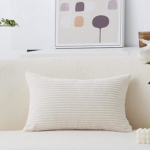 Home Brilliant Rectangular Pillow Cover 12 x 20 Solid Striped Velvet Corduroy Couch Chair Lumbar Pillow Oblong Throw Pillow case for Baby Toddler, 12 x 20, Cream Cheese