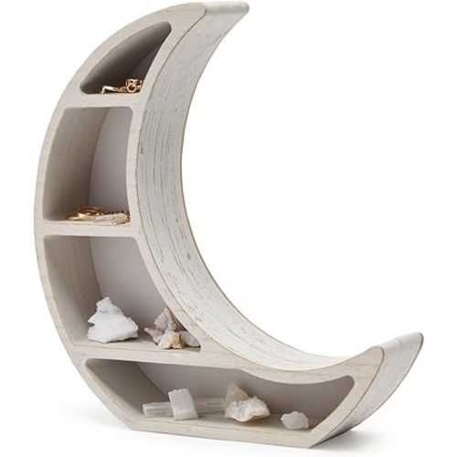 Farmlyn Creek Wooden Crescent Moon Wall Mounted Shelf for Crystals, Essential Oils, and Rustic Style Home Decor (Small, 10 x 10.2 x 2 in)