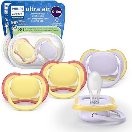 Philips Avent Ultra Air Pacifiers - Orthodontic Design, for Babies 0-6 Months, Soft Silicone Symmetrical Nipple, BPA-Free, 2 Sterilizing Cases, 4 Pack, SCF087/20