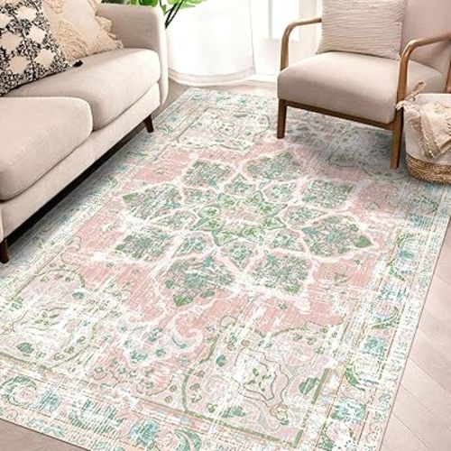 Vhong Boho Area Rugs Vintage Washable Neutral Modern Dusty Pink and Green 4x6 Non Slip Carpet for Nursery Living Room Dining Room Bedroom Farmhouse Girls'Room