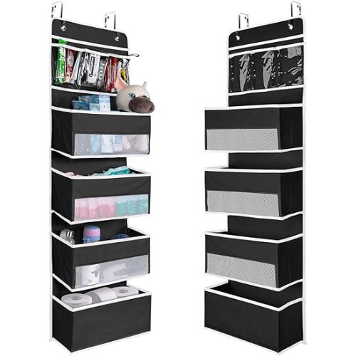 NesTidy Over The Door Organizer Storage, Wall Mount Hanging Organizer with 4 Large Capacity Pocket Organizers and 3 Small Pockets for Baby Essentials, Toys, Cosmetics, and Sundries (Black, 1 Pack)