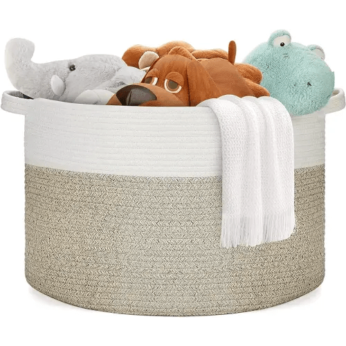 Blanket Basket - 20"x 20"x 13" Cotton Rope Basket for Living Room, Baby Toy Storage Basket, Large Woven Laundry Basket (White-Light Brown)