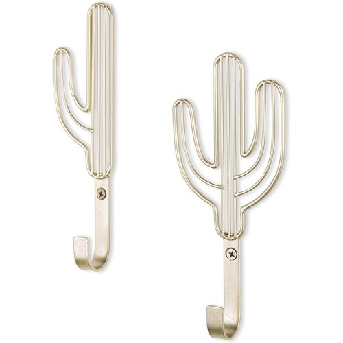 MyGift Wall Mounted Modern Brass Tone Metal Coat Hooks with Wire Saguaro Cactus Matching Shapes for Hanging Hats Coats Towels Leashes Keys, 2 Piece Set