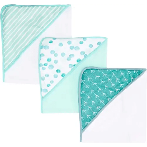 Spasilk Hooded Towel Set for Newborn Boys and Girls, Soft Terry Towel Set, Pack of 3, Green Dots