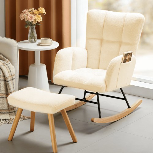 CloudRest Pro Oversized Nursery Rocking Chair with Ottoman, Cozy Accent Chair for Nursery/Bedroom/Living Room, Beige