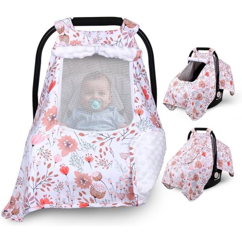 Car Seat Cover Baby, Carseat Covers Baby with 2 Layers Breathable Zipper Windows, Windproof Infant Car Seat Cover, Kick-Proof Baby Carrier Cover for Baby Girl Newborn Essentials