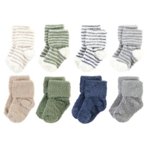 Hudson Baby Infant Boy Cozy Chenille Newborn and Terry Socks, Green Blue Stripe, 0-6 Months