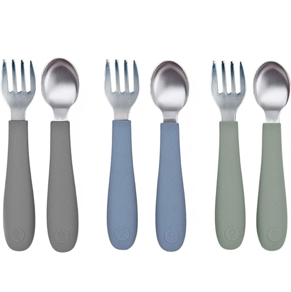 Stainless Steel & Silicone Toddler Utensils – Set of 6 (3 Forks + 3 Spoons)