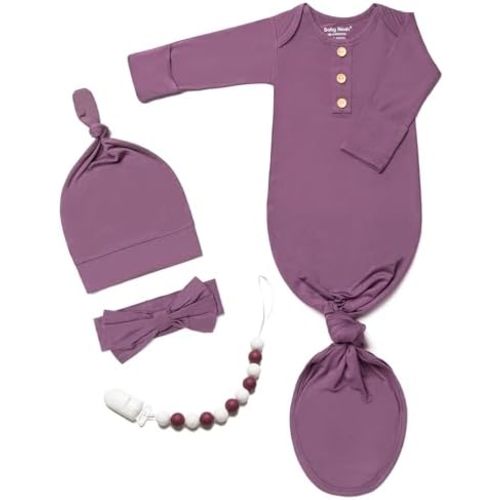 Newborn Baby Knotted Gown, Super Soft Silky Infant Sleeper, Baby Girl Sleep Gown with Mittens, Bow, Clip and Hat Set