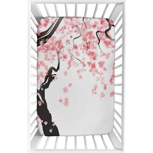 Decorative Crib Sheet,Floral Fitted Microfiber Baby & Toddler Universal Crib Sheets,28"x 52"x 8",Japanese Cherry Tree Blossom Print Crib Sheet Set, for Standard Crib and Toddler Mattresses