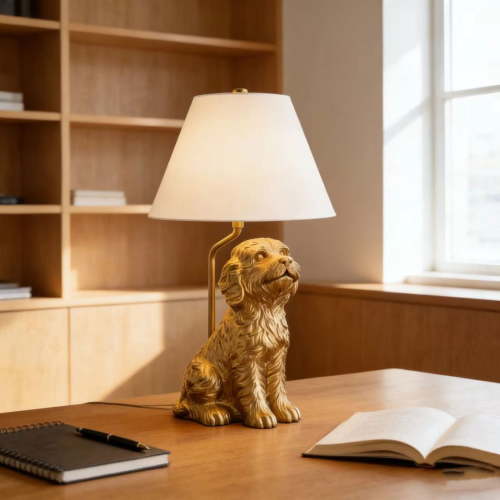 Golden Poodle Table Lamp, Catalina Lighting Golden Doodle Table Lamp with Painted Gold Finish and Tapered Linen Shade, Golden Poodle Aesthetic Lamp for Living Room, bedroom, 16"H