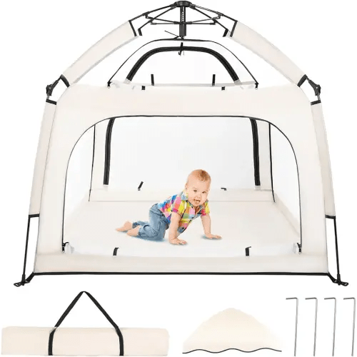 Portable Baby Playpen with Canopy, Infant Play Yard, Beach Tent, Mosquito Net for Indoor and Outdoor (Beige)