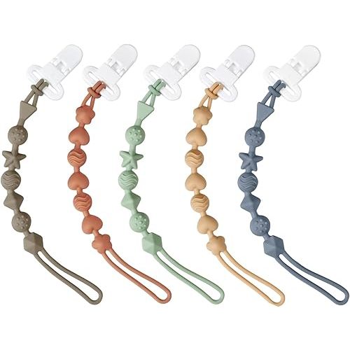 PandaEar 5 Pack Silicone Pacifier Clips, Pacifier Holder with One Piece Design for Baby Boys & Girls, Teething Toys Teethers