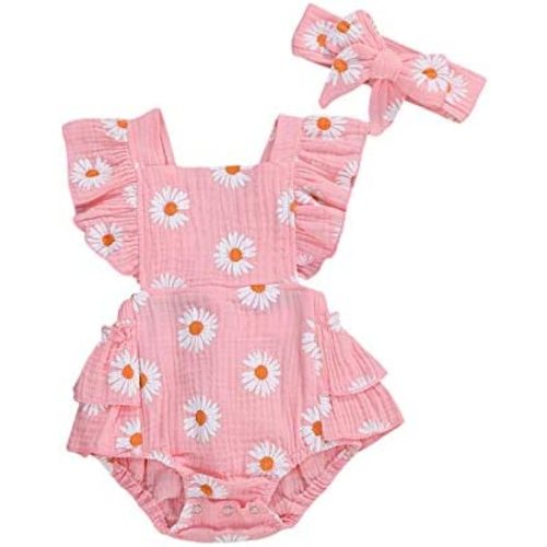 Baby Girls Floral Cotton Leotard Romper Newborn Daisy Playsuits Ruffled Sleeve Onesie Infant Jumpsuit Clothes Headband