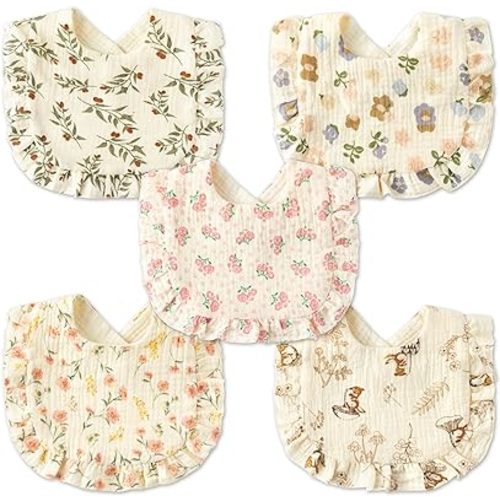 Zainpe 5Pcs Snap Muslin Cotton Baby Drooling Bibs Bib with Flounce Lace Absorbent Layers Soft Burp Cloths for Infant
