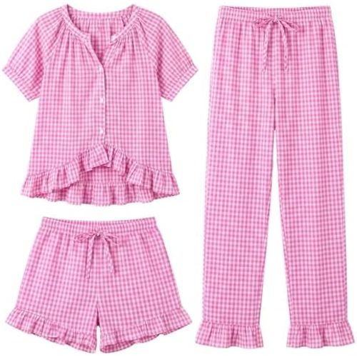 Gihuo Womens 3 Piece Gingham Pajama Set Ruffle Short Sleeve Top Long Pants & Shorts Soft Cotton Sleepwear Loungewear