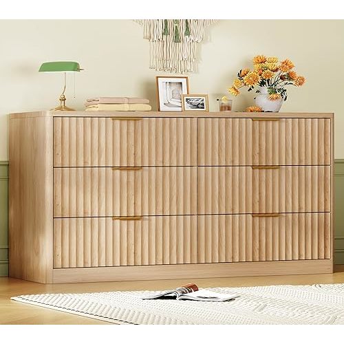 TEENFON Fluted 6 Drawer Dresser for Bedroom, Wide Modern Chest of Drawers with Metal Handle, Curved Profile Design, Wood Closet Clothes Storage Organizer for Bedroom, Hallway, Natural