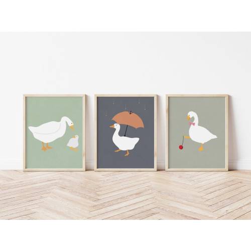 Cute Goose Print, Digital Printable Poster, Neutral nursery wall decor, Set of 3, Silly goose, Boys room, Decor, Nursery prints