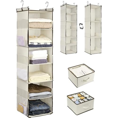 ULG 1 PC Hanging Closet Organizer, 3-in-1 to 6-in-1 Reversible Cloth Hanging Shelves with 6 Side Pockets & 2 Removable Drawers for Wardrobe Clothes Sweater Storage, Foldable, Ivory