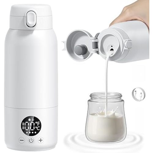 Portable Milk Warmer, 500ml Large Capacity Portable Bottle Warmer, Dual Heating Modes for Breast Milk & Water, IPX6 Washable and Long Battery Life, Baby Essentials Suitable for Travel, Outdoor, Night