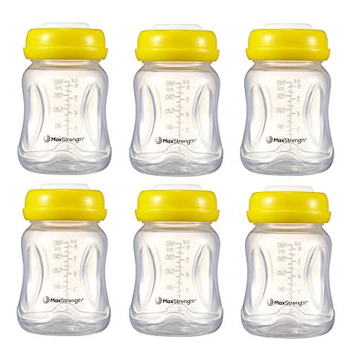 Max Strength Pro Breastmilk Bottles 6pc Set with Leak Proof Lids, 6.oz 180ml Reusable Wide Neck Bottles Best for Breast Milk Collection & Storage Solution, BPA Free, Fits Spectra & Avent Models