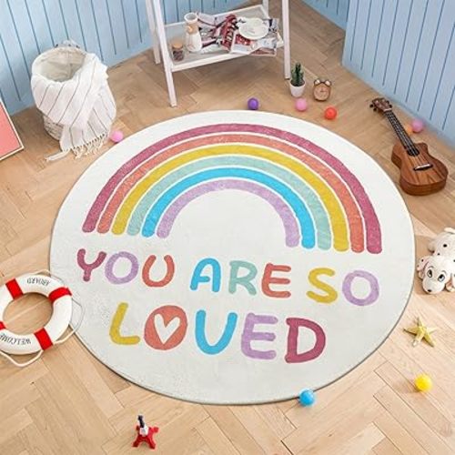 Topotdor Rainbow Round Rug for Girls Bedroom,Colorful Boho Decor Nursery Area Rug,Ultra Soft Machine Washable Kids Play Mat,63" Round