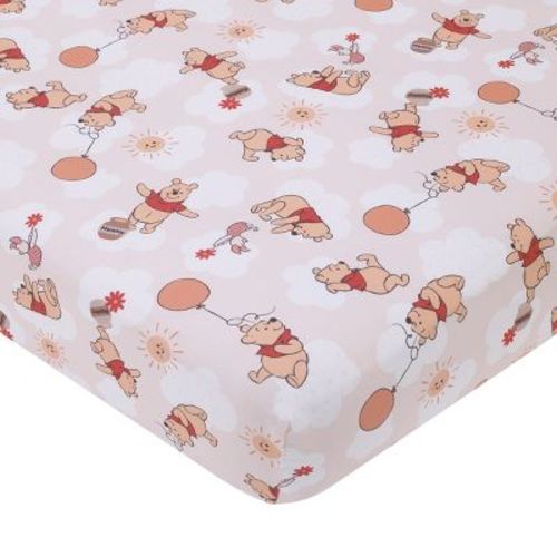 Nojo Disney Winnie The Pooh Tan, Red, And White Piglet, Balloons, And Hunny Pots Super Soft Nursery Fitted Crib Sheet