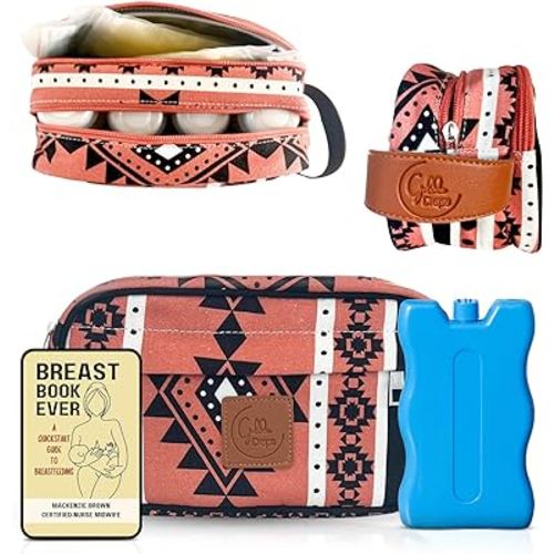 Breastmilk Cooler Bag with Ice Pack Fits 4 Baby Bottles - Dual Pocket Insulated Breast Milk Cooler Travel Bag - Beautiful Printed Breastmilk Storage Bottle Bag