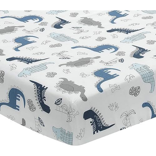 Lambs & Ivy Baby Dino 100% Cotton Blue/White/Gray Dinosaur Fitted Crib Sheet