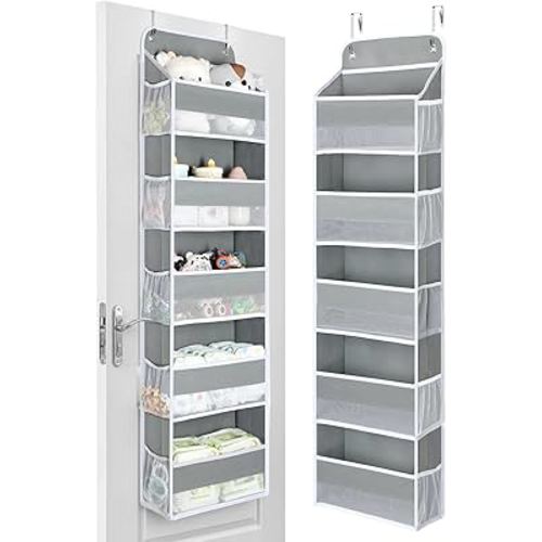 Yecaye 1 Pc Over the Door Organizer with 5 Bins 10 Side Pockets, 44lbs Load Hanging Bathroom and Bedroom Organizer, behind the Door Hanging Organizers for Nursery Newborn Baby Essential Stuff Grey