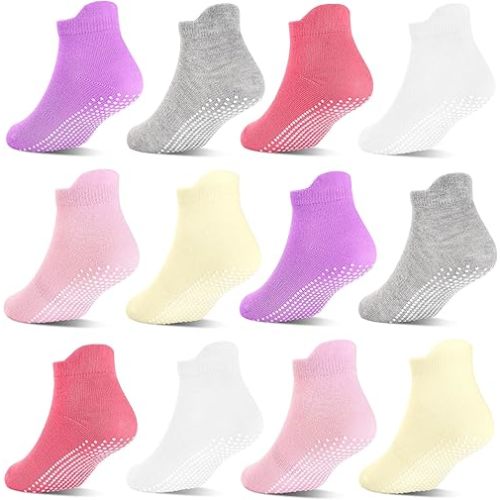 Toddler Non Slip Socks with Grips, Boys Girls Ankle Socks, for Kids Children 6 Months-7 Years Old 12 Pairs