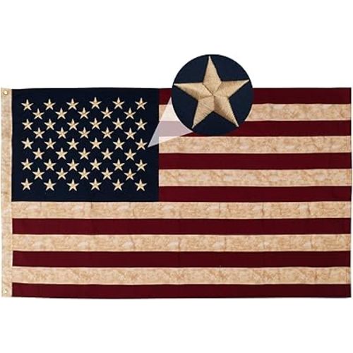 AMZFLAG Cotton Vintage American Flag 3x5 ft for Outside, Tea-Stained American USA Flags Heavy Duty Antiqued US Flags Cloth Aged Style with 2 Brass Grommet 4th of July