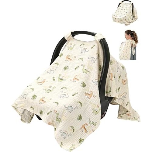 Metplus Muslin Car Seat Cover Baby & Nursing Cover, Soft Breathable Infant Carseat Covers for Summer, Windproof Car Seat Canopy for Boys Girls (Cute Dinosaur)
