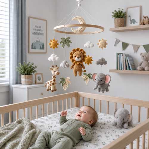Crochet Safari Baby Mobile, Handmade Crochet Crib Mobile, Lion Giraffe Elephant Nursery Decor, Neutral Baby Mobile, Baby Shower Gift