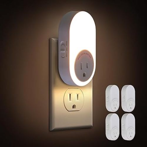 Dawnrise Night Lights Plug Into Wall,Dusk to Dawn Sensor Night Light with Power Outlet,CCT 2200K/4000K,5/20LM Adjustable Brightness for Bedroom,Kitchen,Living Room,Office (4 PK)